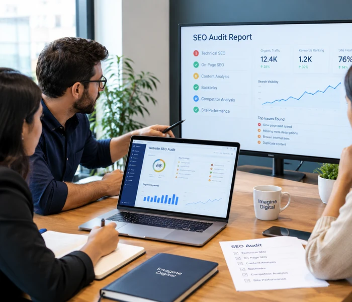 Imagine Digital team reviewing a website SEO audit and search performance