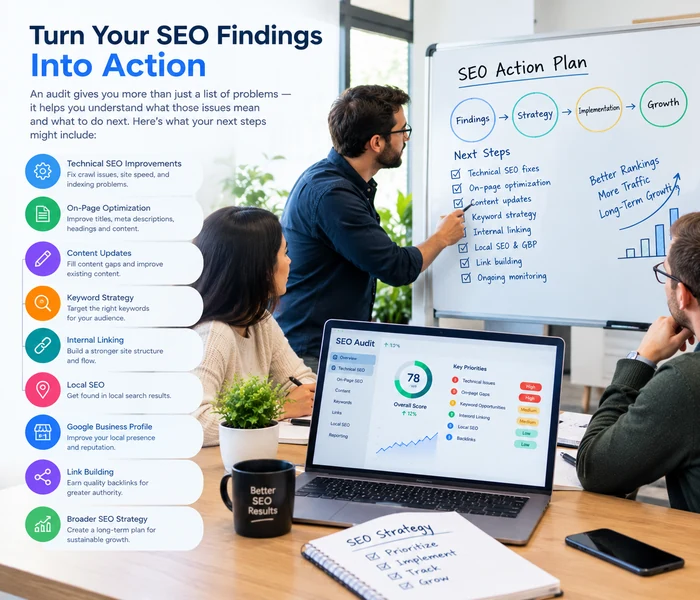 SEO team turning audit findings into an actionable SEO strategy
