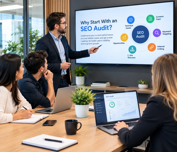 SEO audit showing technical issues, content gaps, keyword targeting, and website opportunities